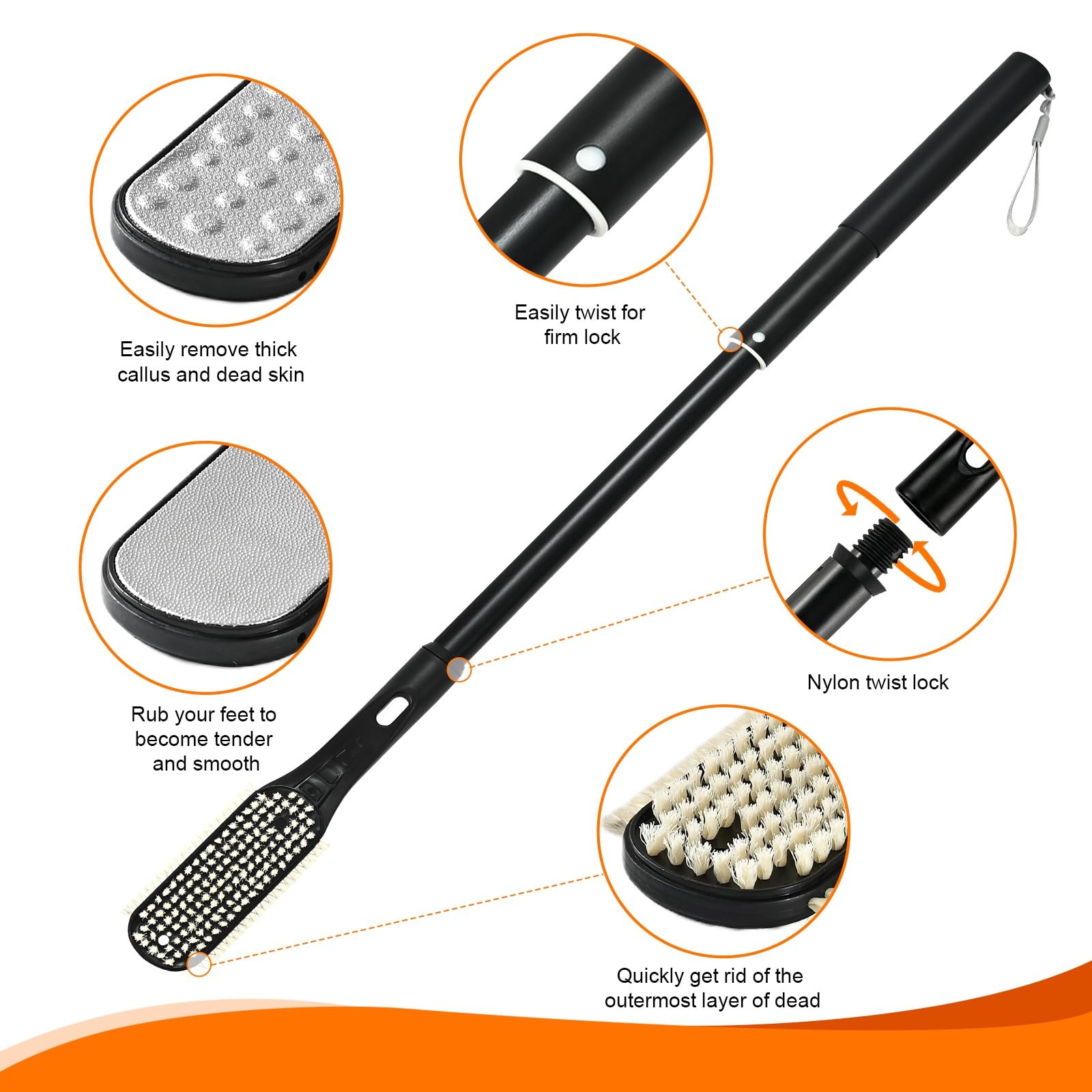 Gobiteli Toe Gap Cleaning Brush, 18.8"-25.9" Telescopic Long Handle Foot Scrubber,Foot Files for Feet Care Remove Hard Skin for Seniors,Men and Women
