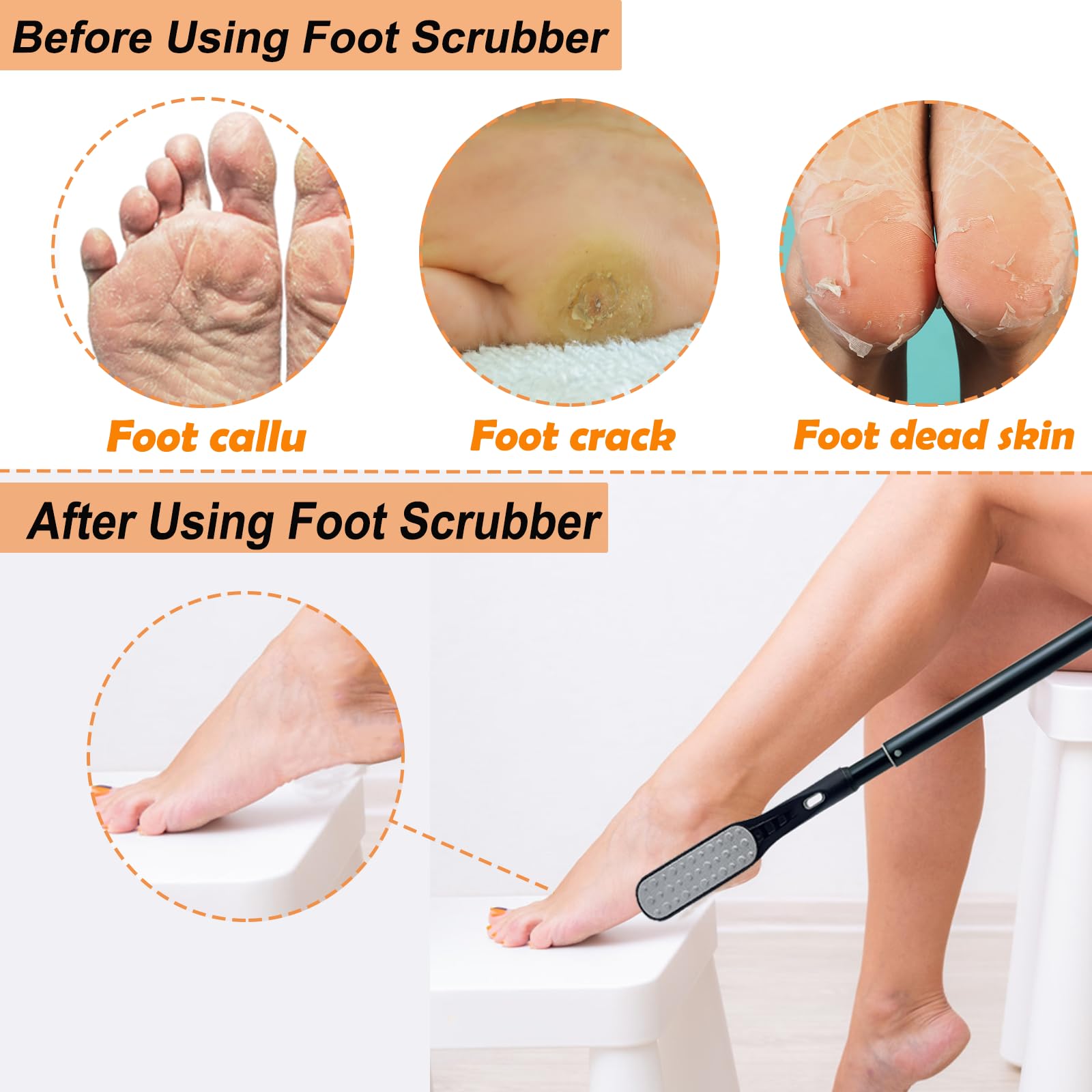 Gobiteli Toe Gap Cleaning Brush, 18.8"-25.9" Telescopic Long Handle Foot Scrubber,Foot Files for Feet Care Remove Hard Skin for Seniors,Men and Women