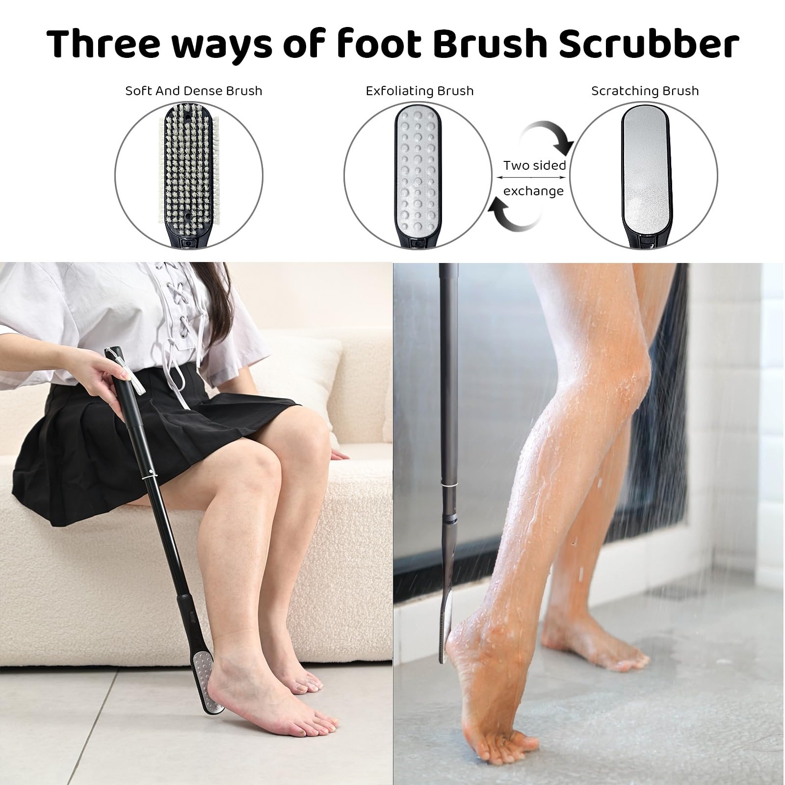 Gobiteli Toe Gap Cleaning Brush, 18.8"-25.9" Telescopic Long Handle Foot Scrubber,Foot Files for Feet Care Remove Hard Skin for Seniors,Men and Women