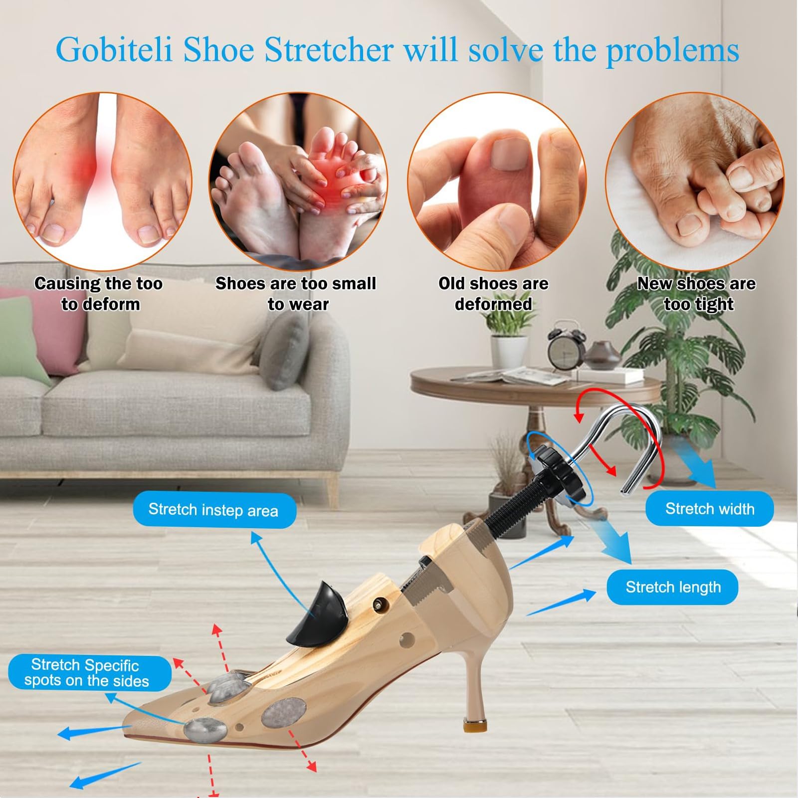 Gobiteli Wooden Shoe Stretcher, Pair of 4-Way Widener Length Expander Shoe Tree,Shoe Stretcher for Men Women (M