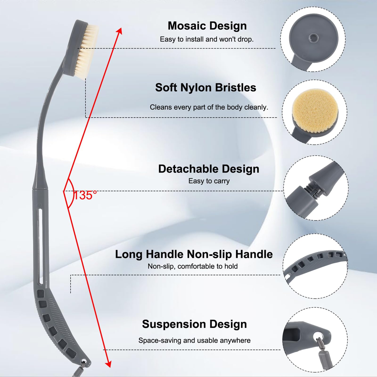 Back Scrubber for Shower,20.5" Bath Brush Long Handle for Deep Cleaning,Back Brush for Shower Men Women(Grey)