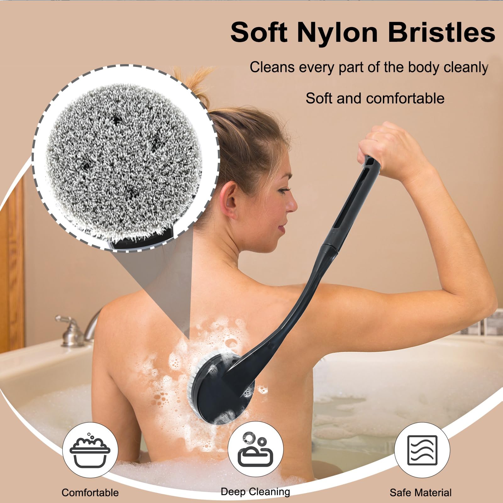 Back Scrubber for Shower,20.5" Bath Brush Long Handle for Deep Clean,Back Brush for Shower for Men Women(Black)