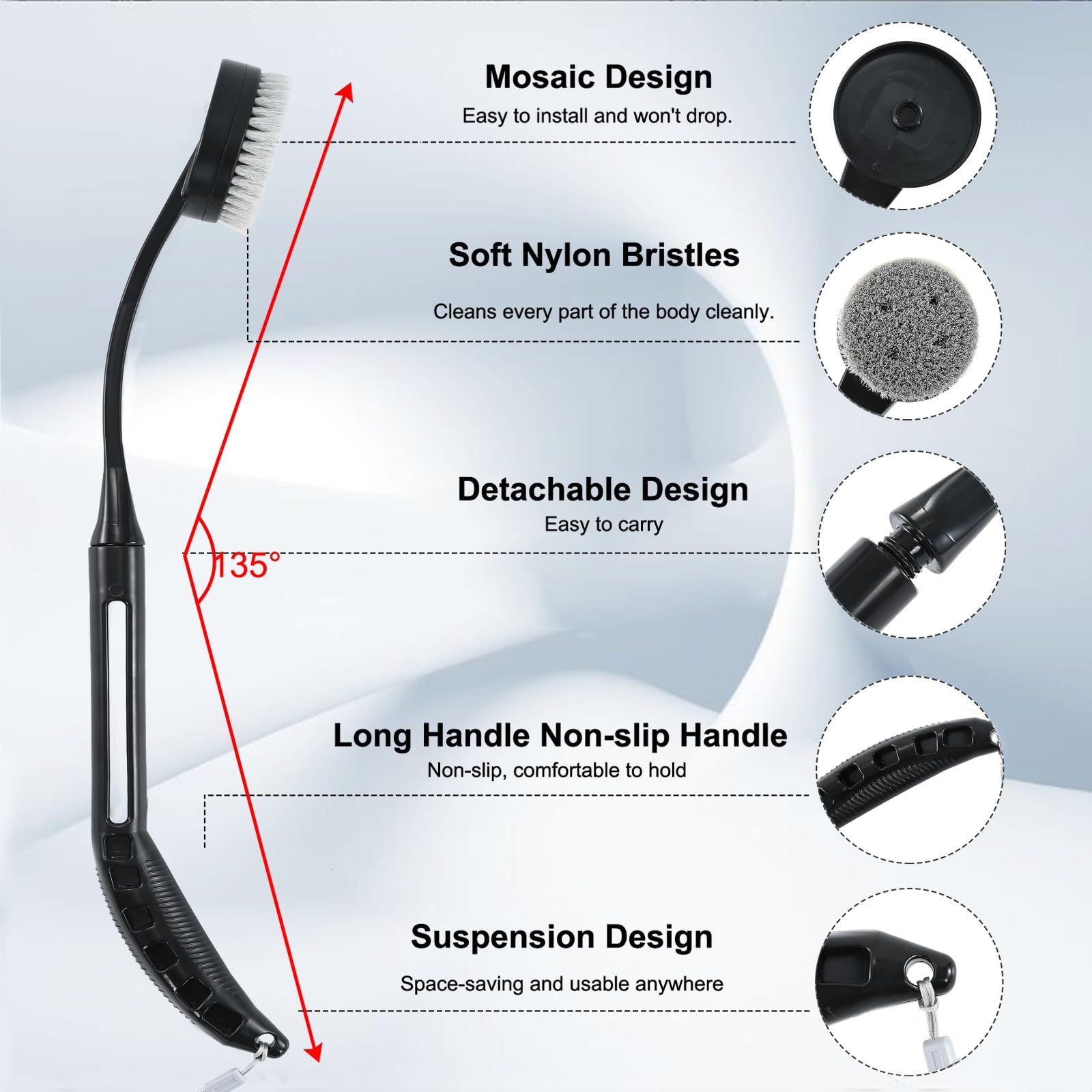 Back Scrubber for Shower,20.5" Bath Brush Long Handle for Deep Clean,Back Brush for Shower for Men Women(Black)