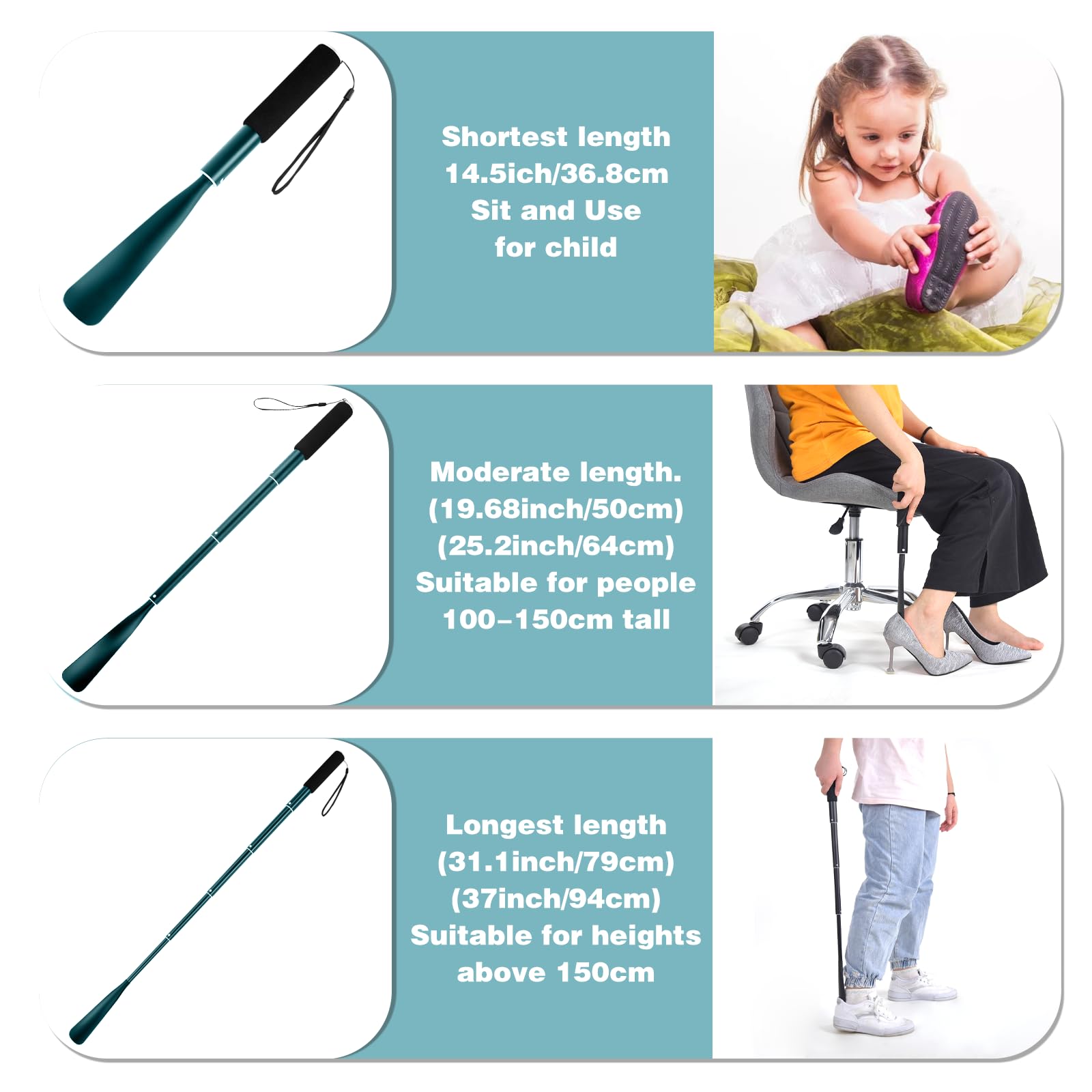 Gobiteli Shoe Horn,14.5"-37" Retractable Aluminum Shoe Horn Long Handle for Seniors,Men,Women and Kids(Blue)