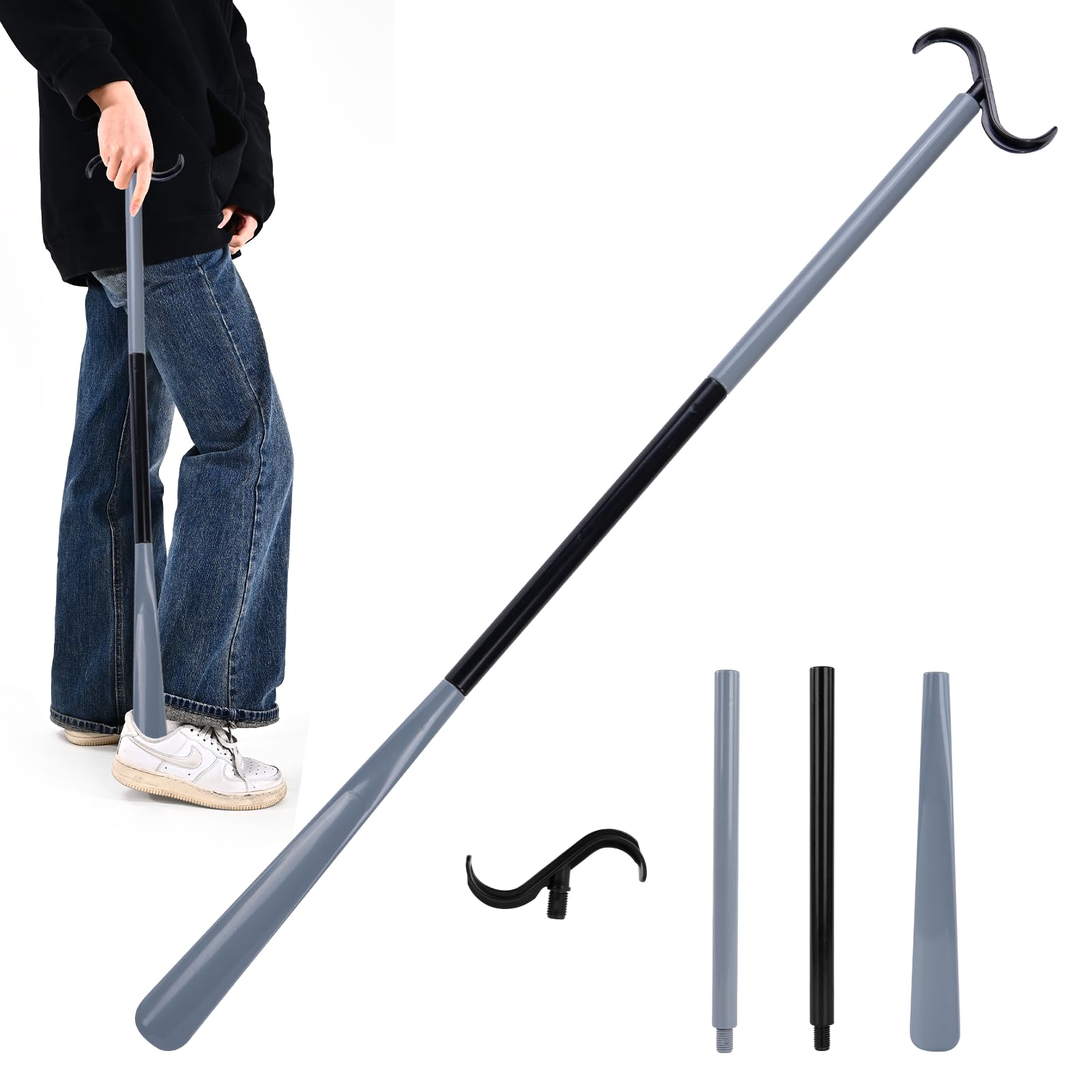 Gobiteli Schuhlöffel mit langem Griff, 88,9 cm, Anziehstab, Sockenentferner-Hilfe, verstellbare Anziehhilfe für Schuhe, Socken, Hemden, Hosen
